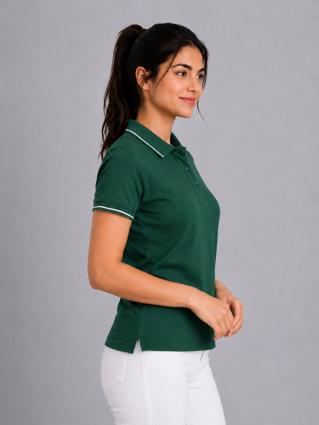 Attire Hub Womens Pure Cotton Green (White TIpping) Solid Polo T-Shirt