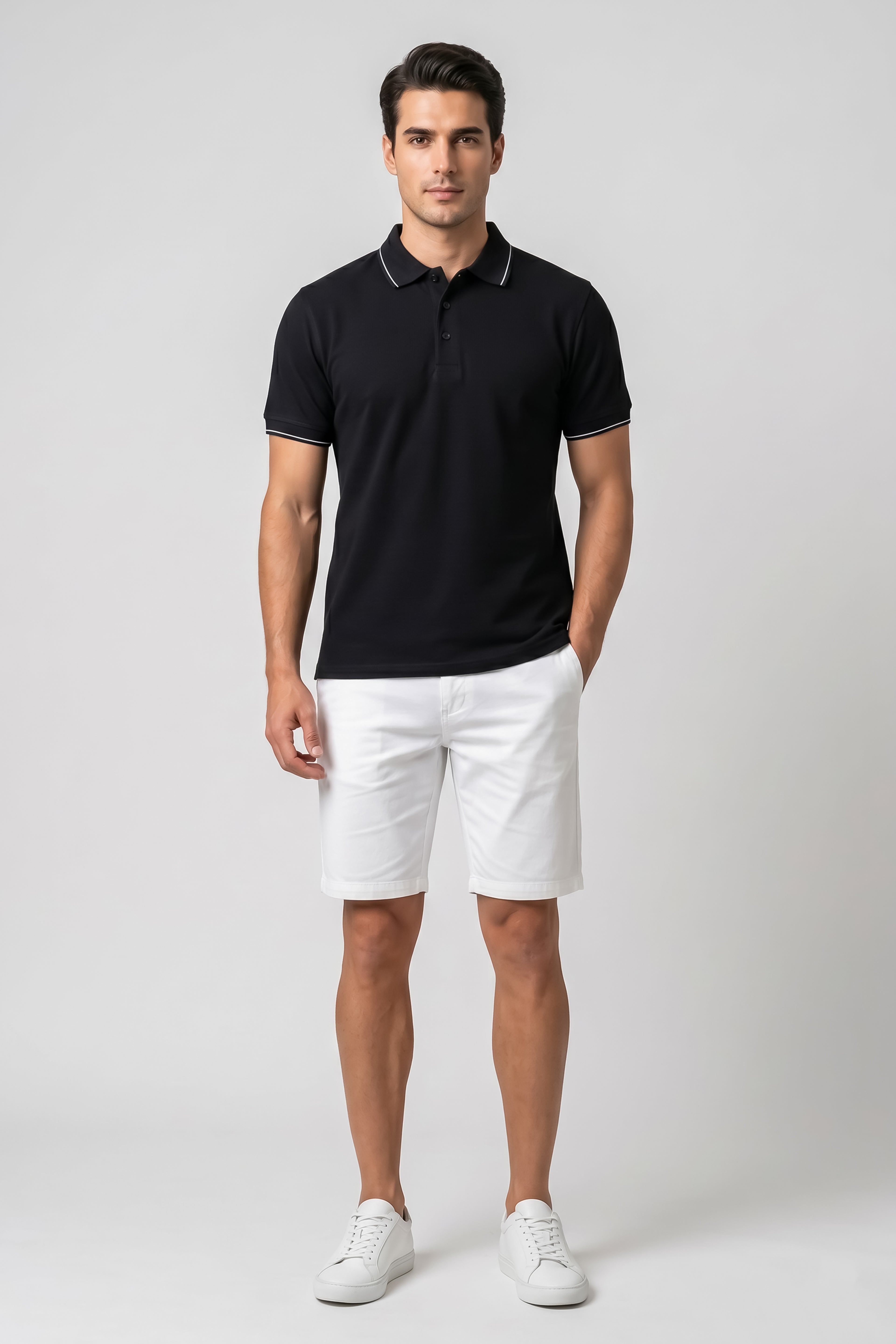 Attire Hub Mens Pure Cotton Black (White Tipping) Solid Polo T-Shirt