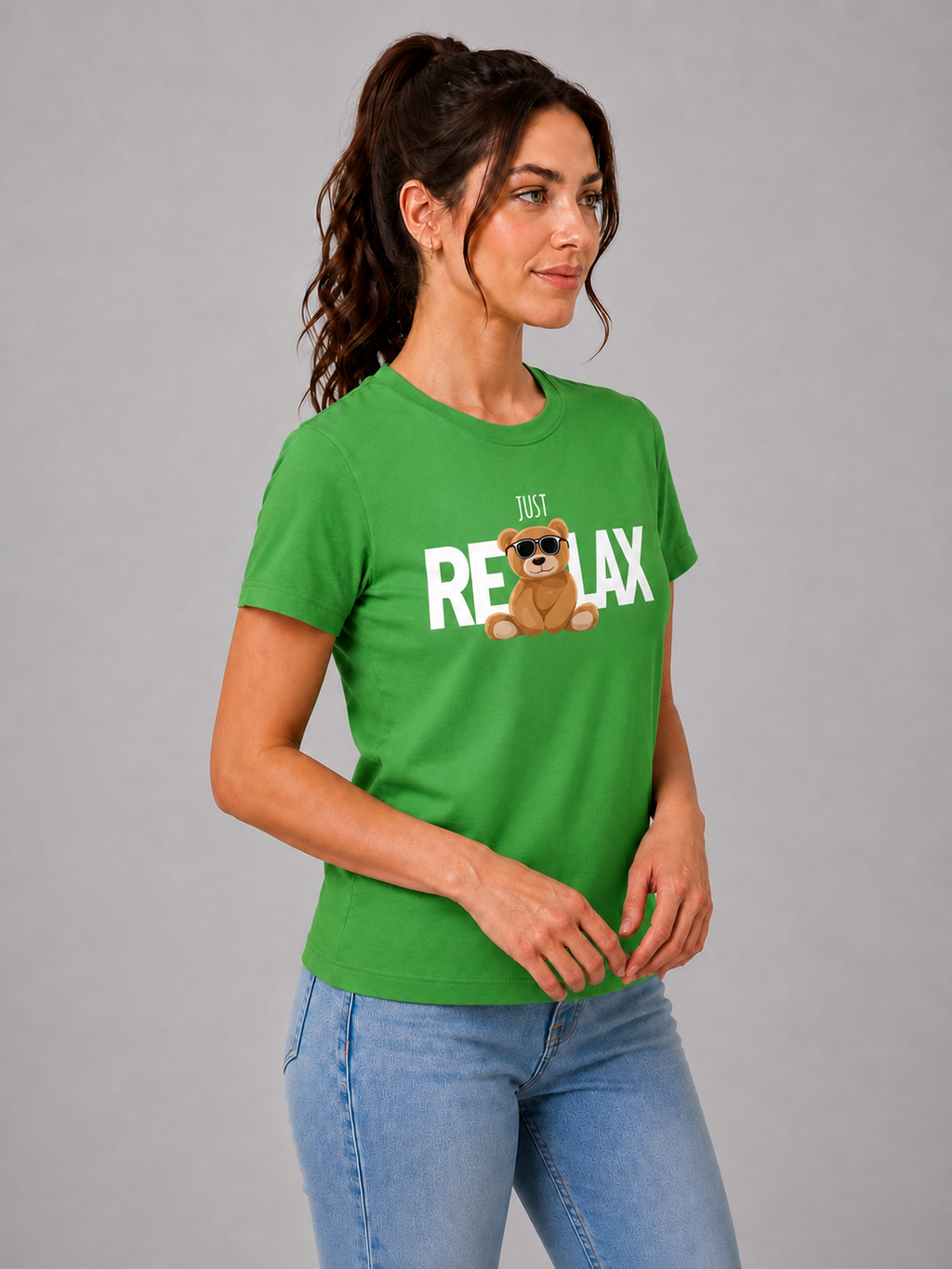 Attire Hub Womens Pure Cotton Grass Green Relax Printed Round T-Shirt