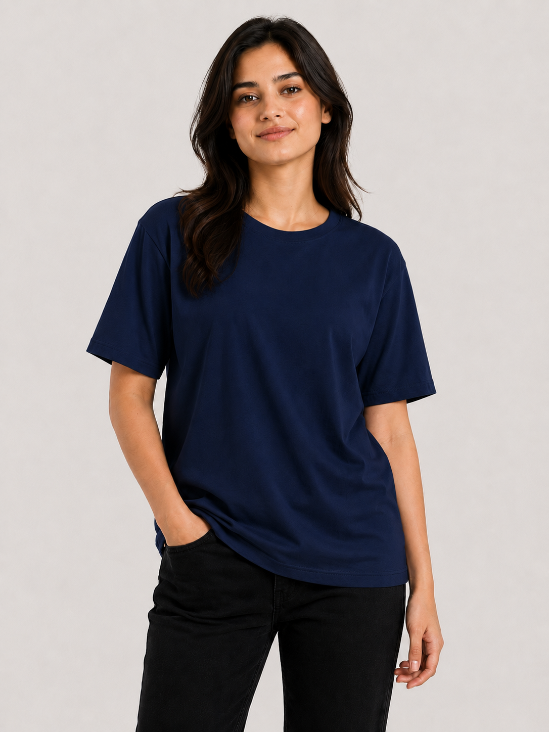 Attire Hub Womens Pure Cotton Mid Night Blue Solid Round Oversized T-Shirt
