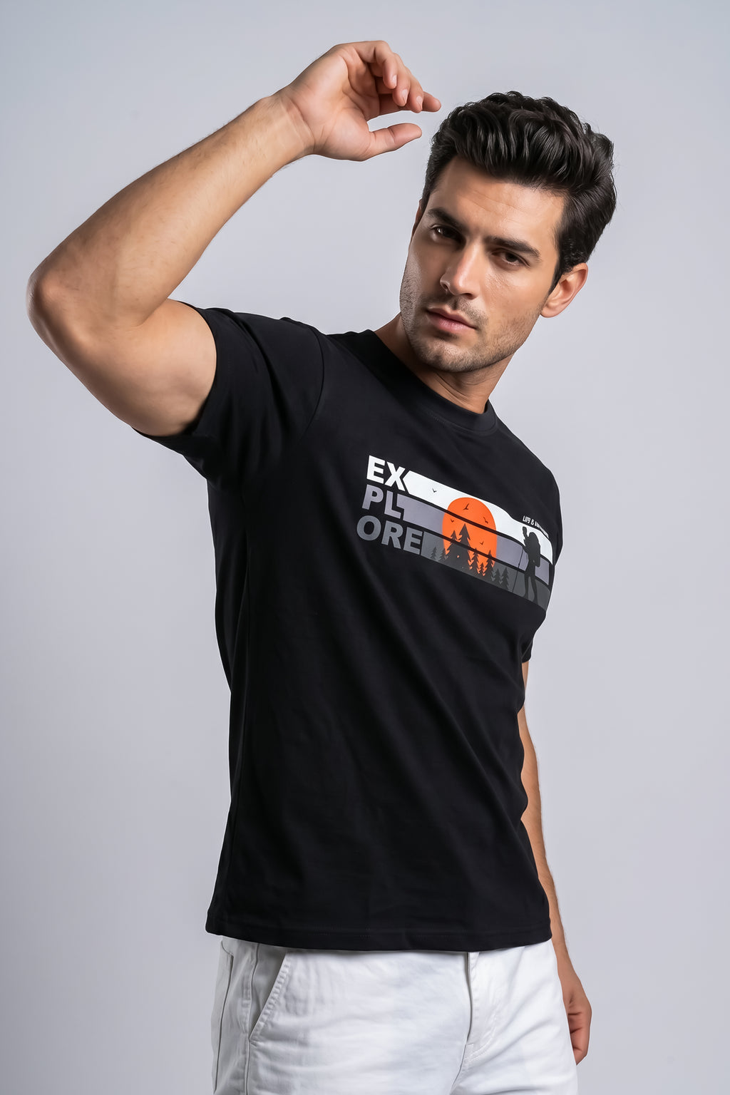 Attire Hub Mens Pure Cotton Black Explore Printed Round T-Shirt
