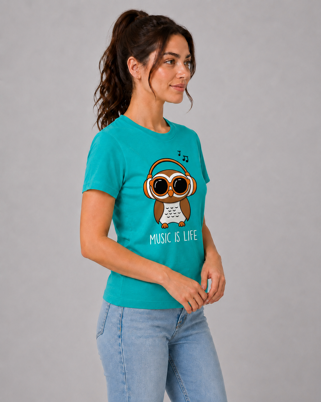 Attire Hub Womens Pure Cotton Teal Owl Printed Round T-Shirt