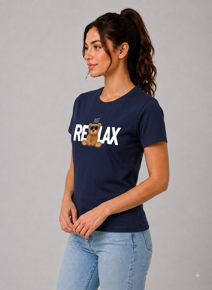 Attire Hub Womens Pure Cotton Navy Blue Relax Printed Round T-Shirt