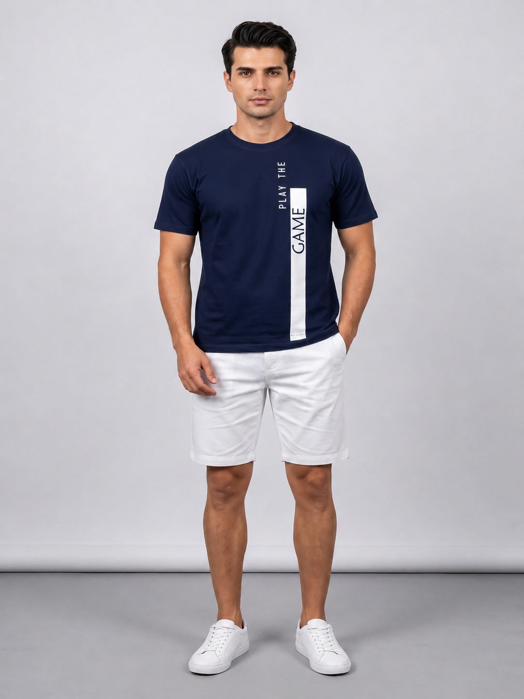 Attire Hub Mens Pure Cotton Navy Play The Game Printed Round T-Shirt
