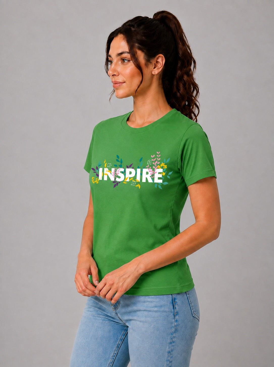 Attire Hub Womens Pure Cotton Grass Green Inspire Printed Round T-Shirt