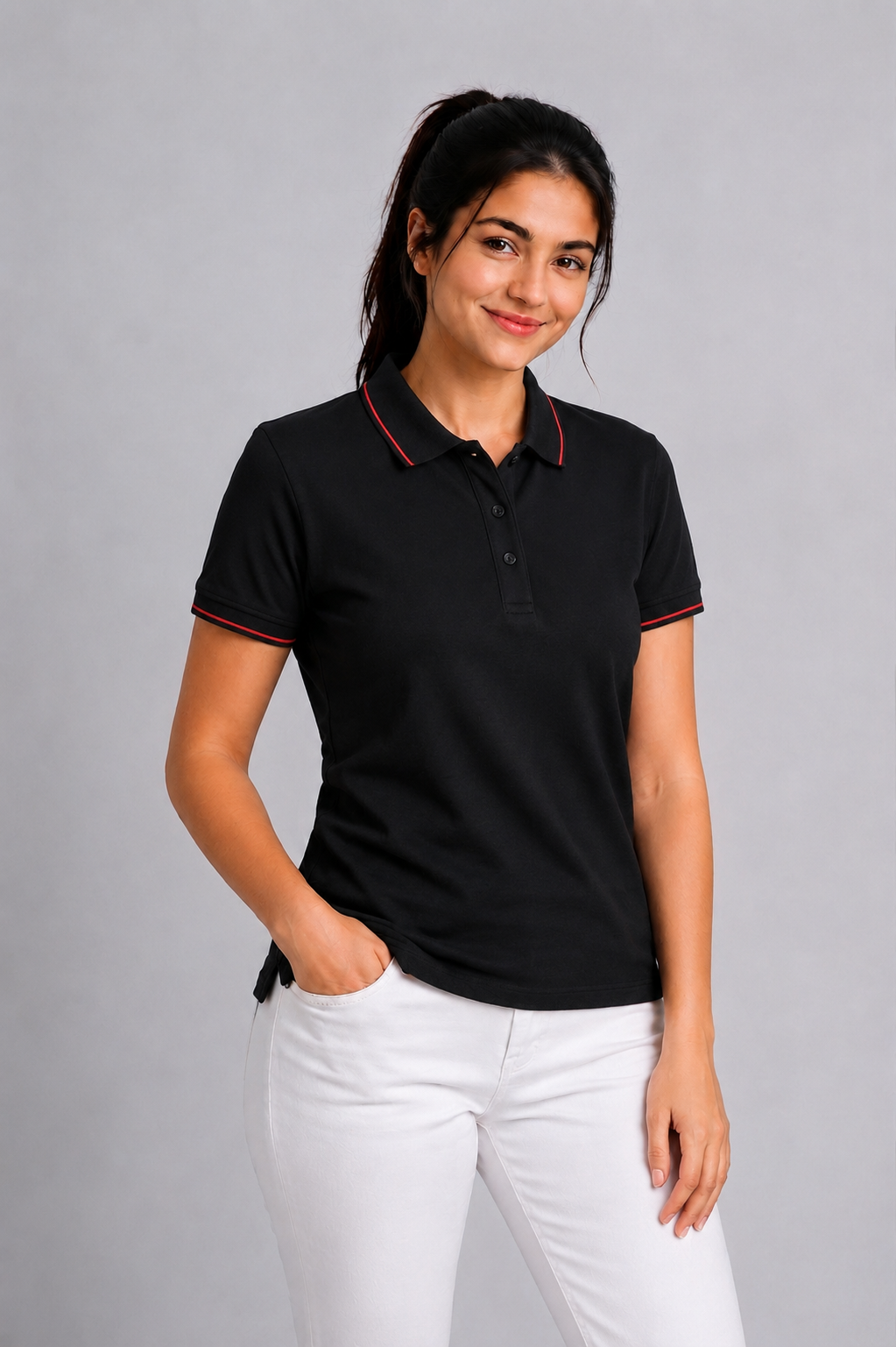 Attire Hub Womens Pure Cotton Black (Red Tipping) Solid Polo T-Shirt