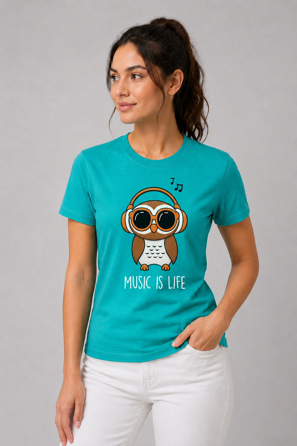 Attire Hub Womens Pure Cotton Teal Owl Printed Round T-Shirt