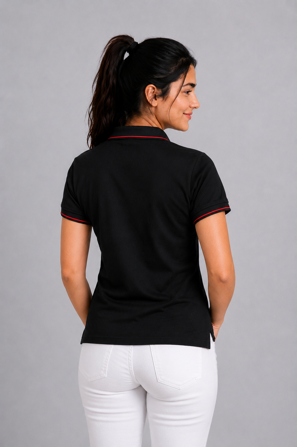 Attire Hub Womens Pure Cotton Black (Red Tipping) Solid Polo T-Shirt