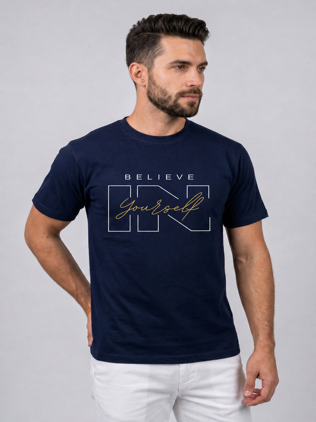 Attire Hub Mens Pure Cotton Navy Believe In Yourself Printed Round T-Shirt