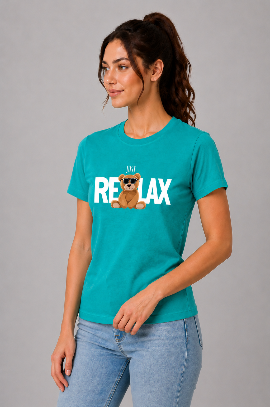 Attire Hub Womens Pure Cotton Teal Relax Printed Round T-Shirt