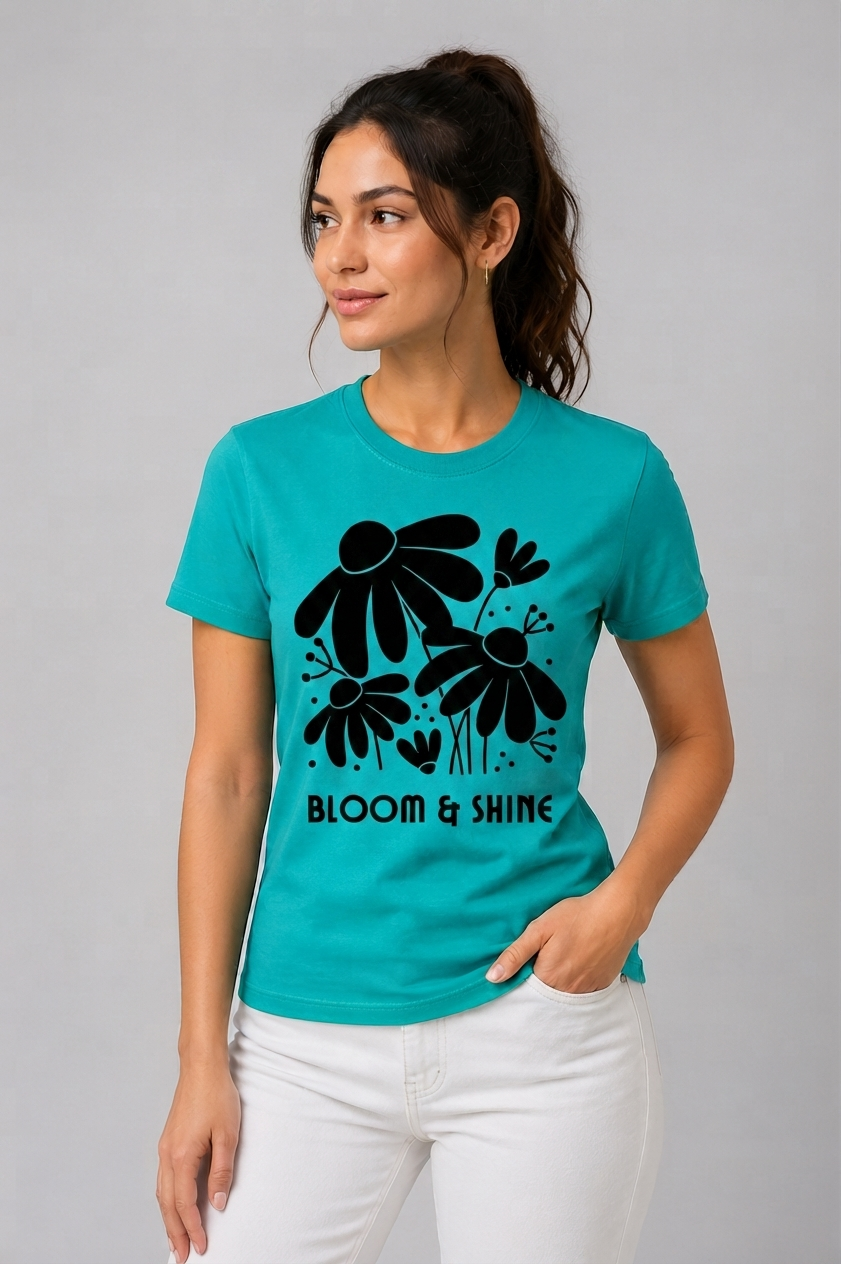 Attire Hub Womens Pure Cotton Teal Bloom and Shine Printed Round T-Shirt