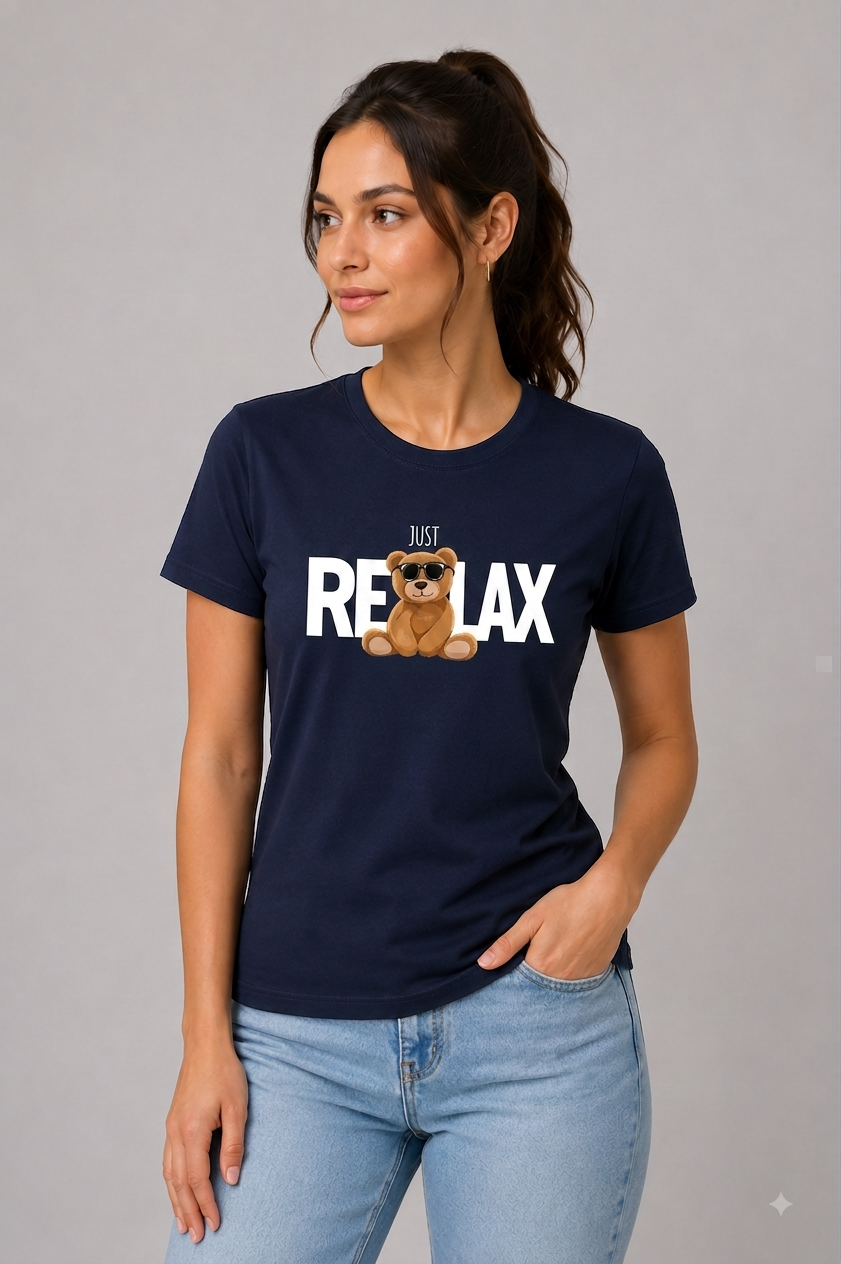 Attire Hub Womens Pure Cotton Navy Blue Relax Printed Round T-Shirt
