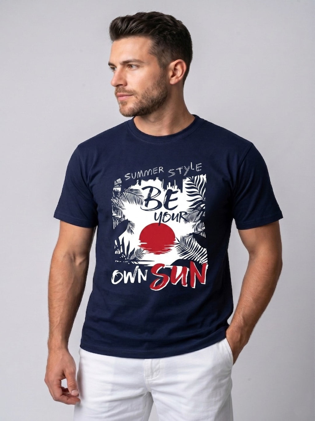 Attire Hub Mens Pure Cotton Navy Summer Style Printed Round T-Shirt