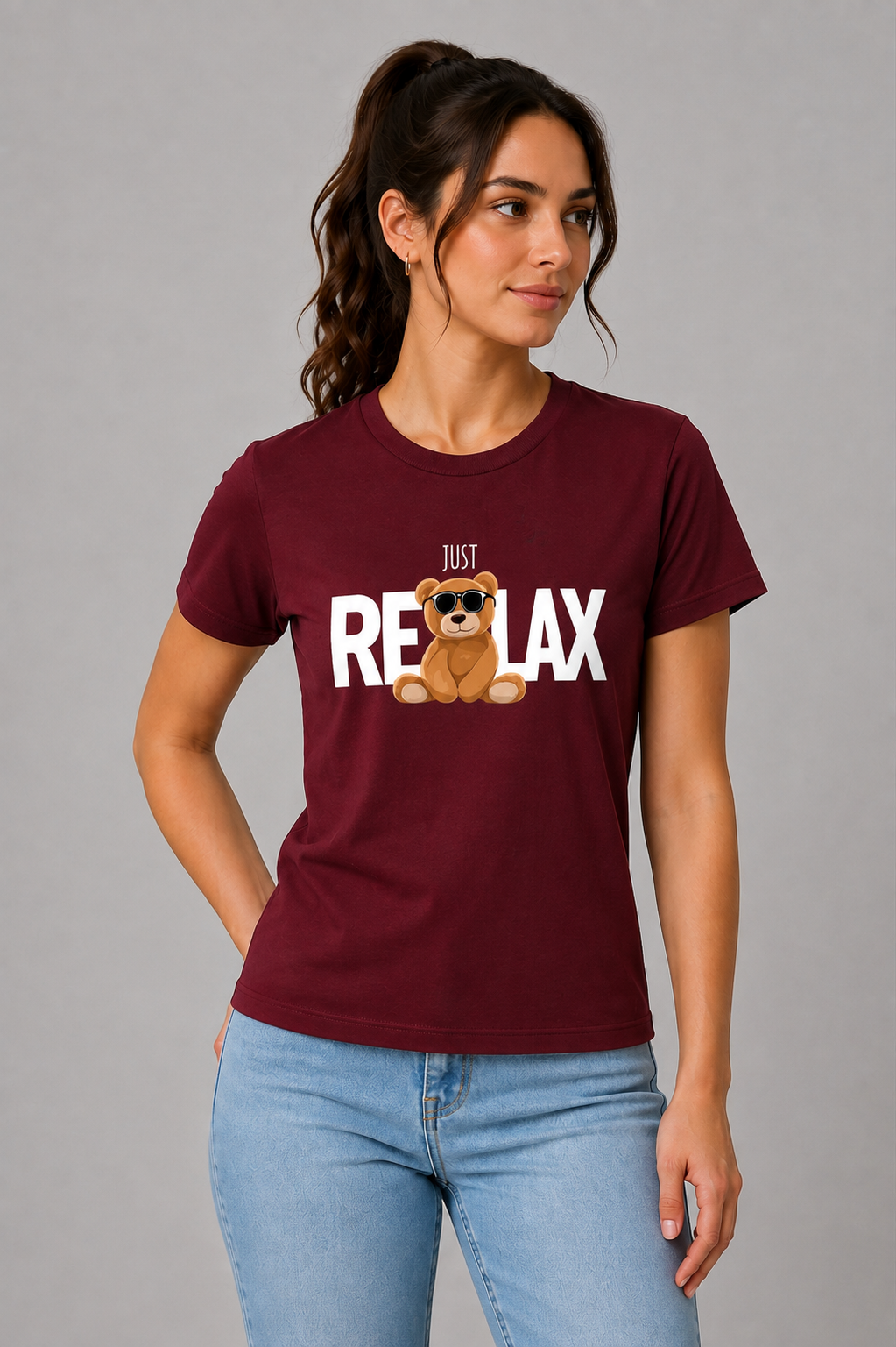 Attire Hub Womens Pure Cotton Maroon Relax Printed Round T-Shirt