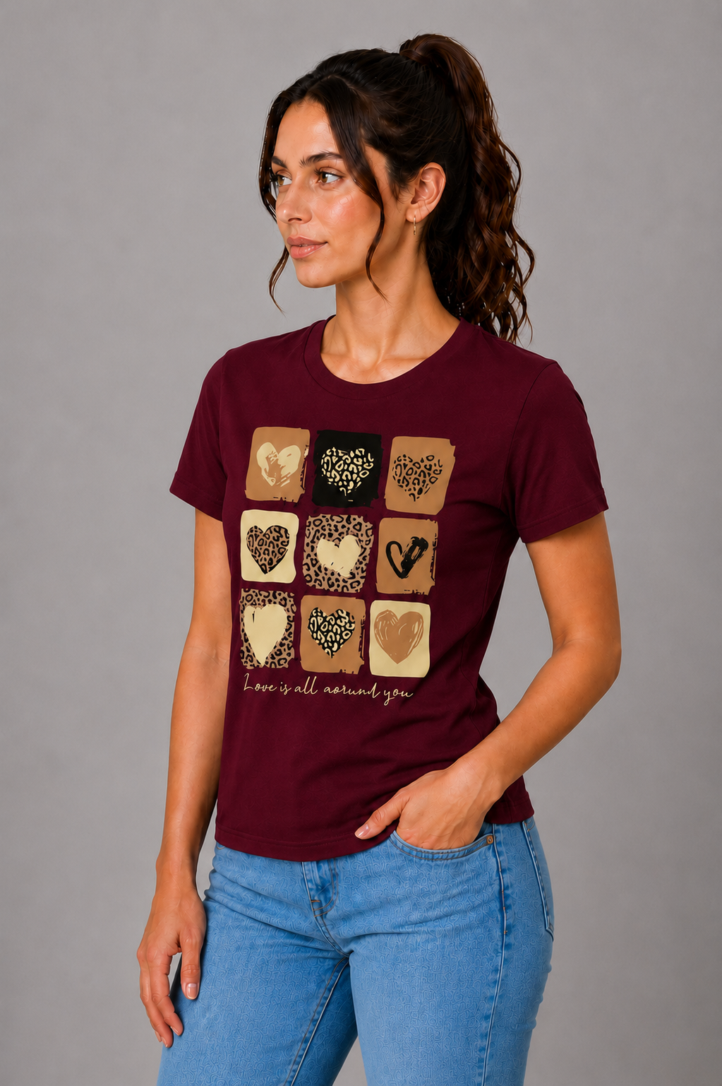 Attire Hub Womens Pure Cotton Maroon Heart Printed Round T-Shirt
