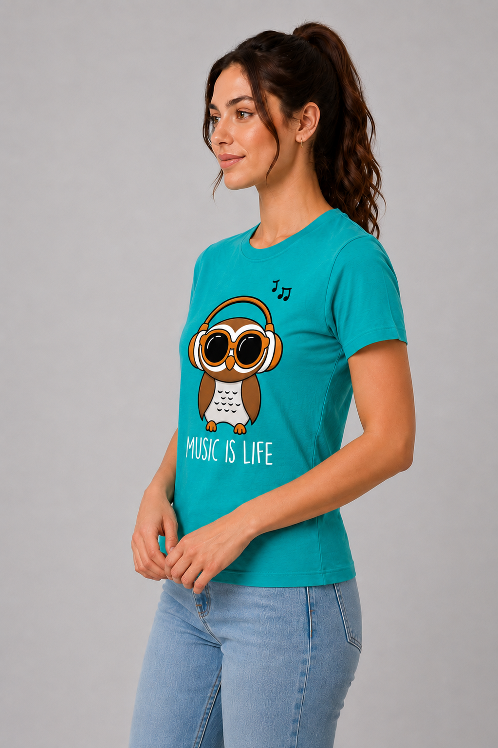 Attire Hub Womens Pure Cotton Teal Owl Printed Round T-Shirt