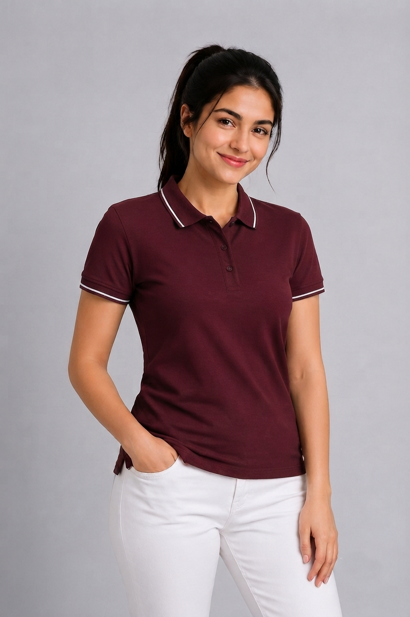 Attire Hub Womens Pure Cotton Maroon (White Tipping) Solid Polo T-Shirt