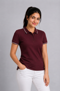 Attire Hub Womens Pure Cotton Maroon (White Tipping) Solid Polo T-Shirt