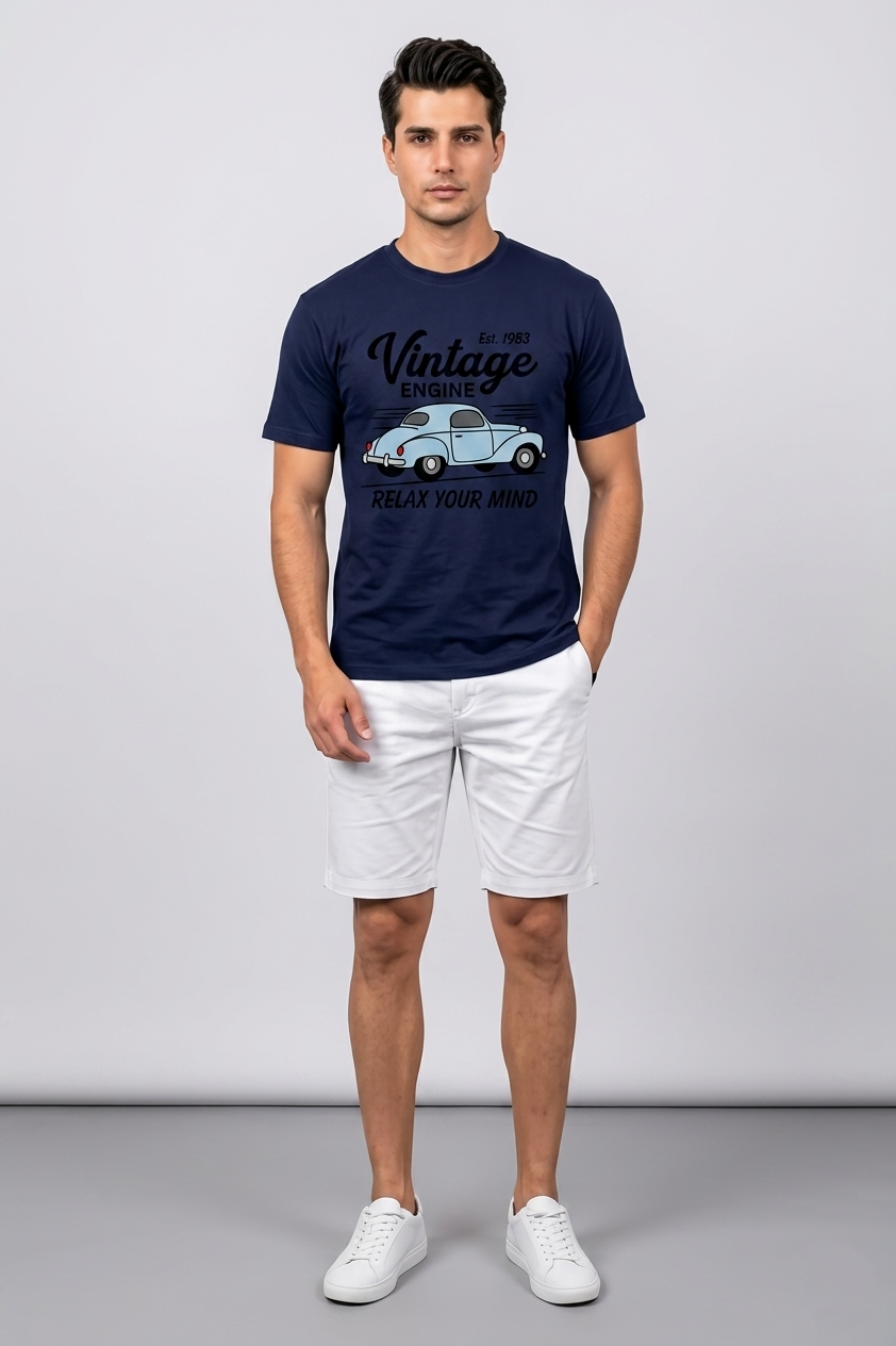 Attire Hub Mens Pure Cotton Navy Vintage Engine Printed Round T-Shirt