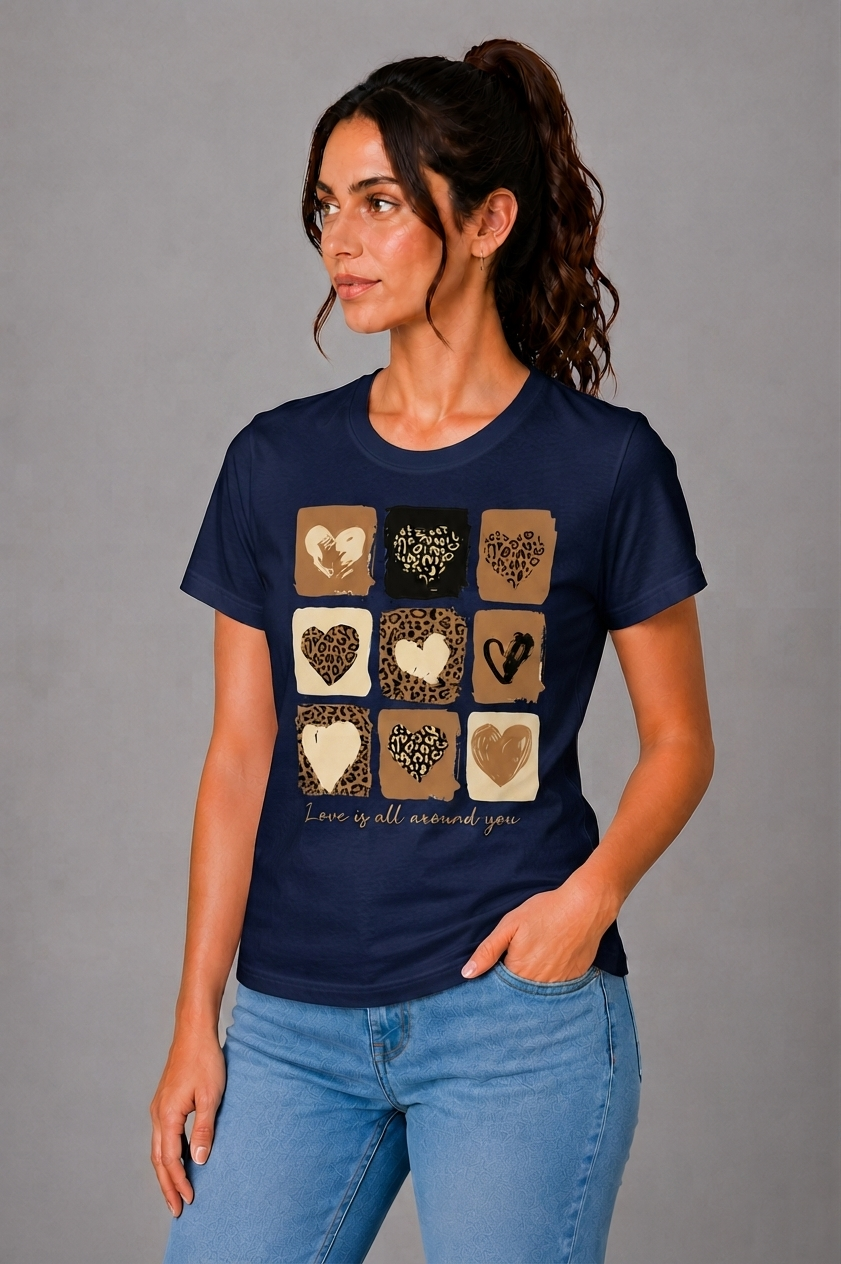 Attire Hub Womens Pure Cotton Navy Blue Heart Printed Round T-Shirt