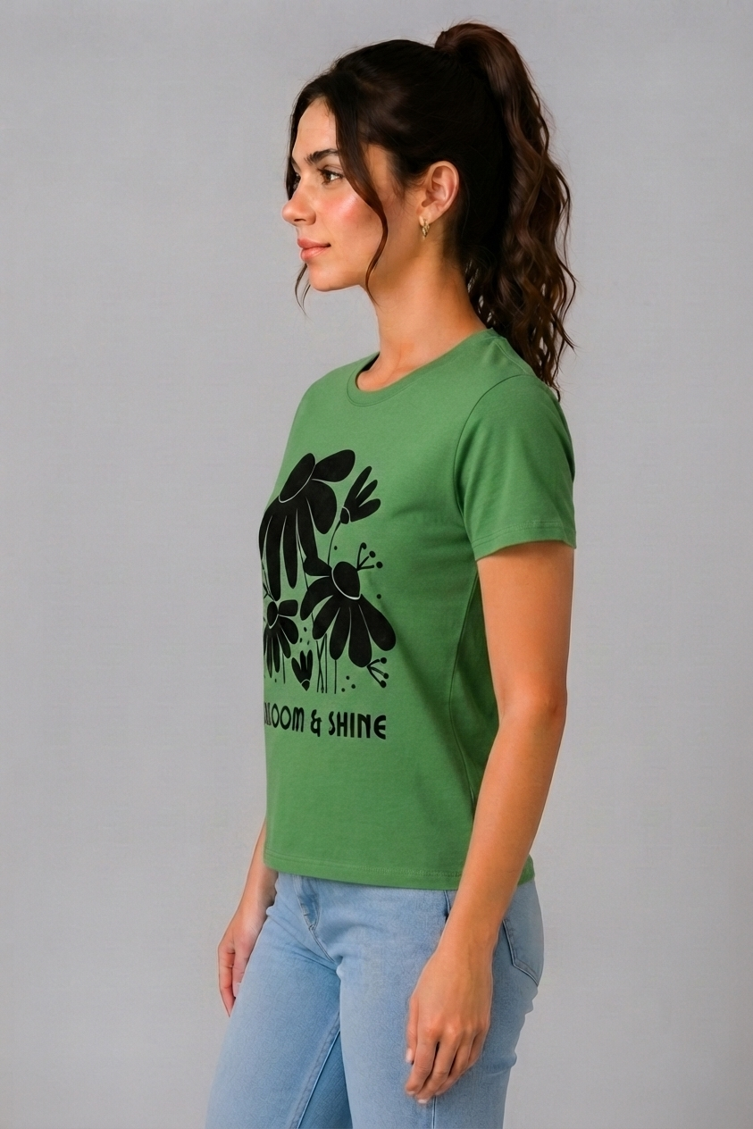 Attire Hub Womens Pure Cotton Grass Green Bloom and Shine Printed Round T-Shirt