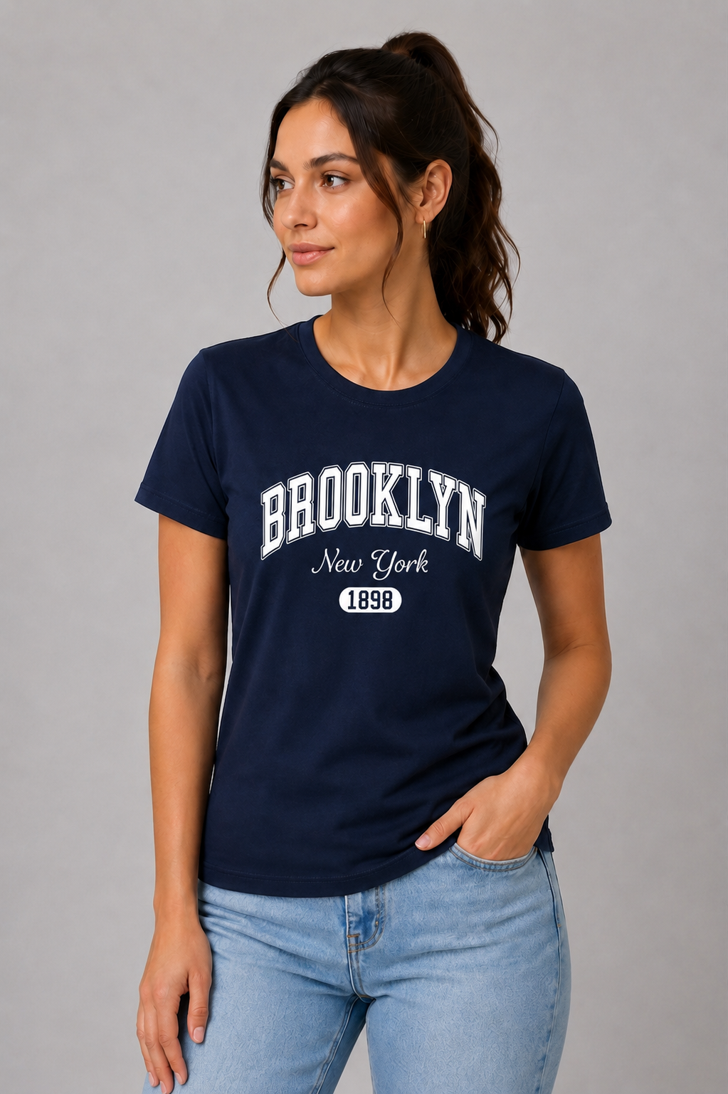 Attire Hub Womens Pure Cotton Navy Blue Brroklyn Printed Round T-Shirt