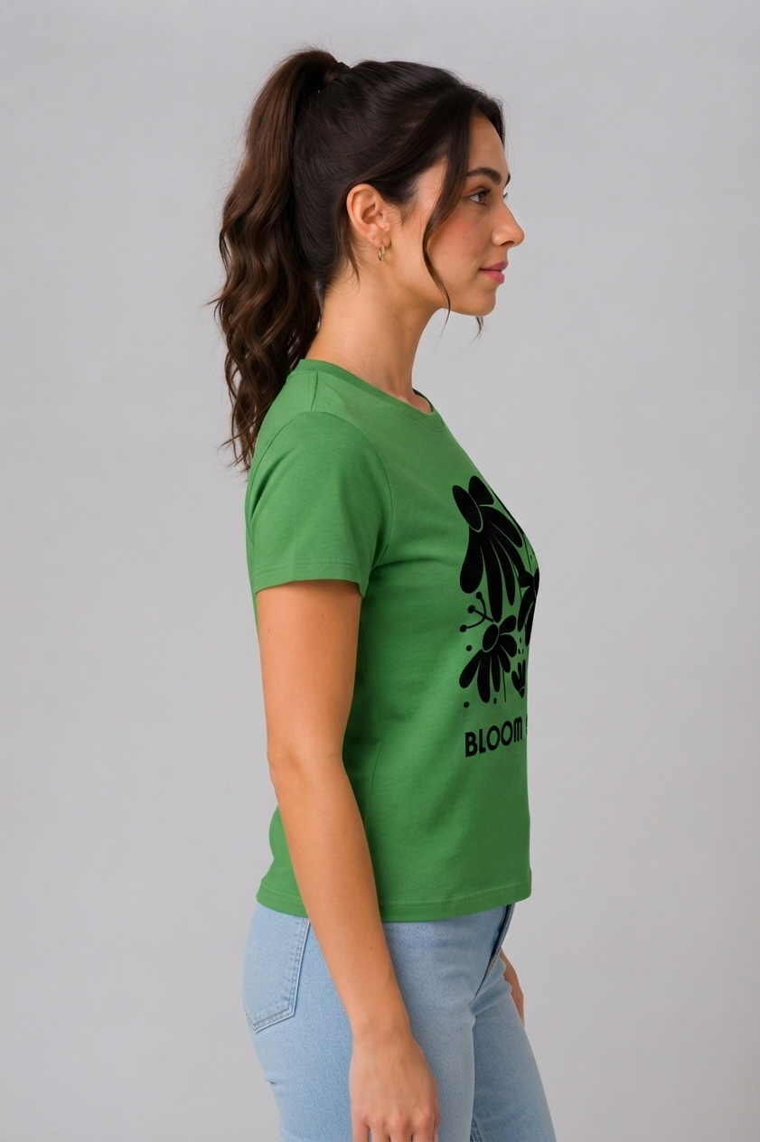 Attire Hub Womens Pure Cotton Grass Green Bloom and Shine Printed Round T-Shirt