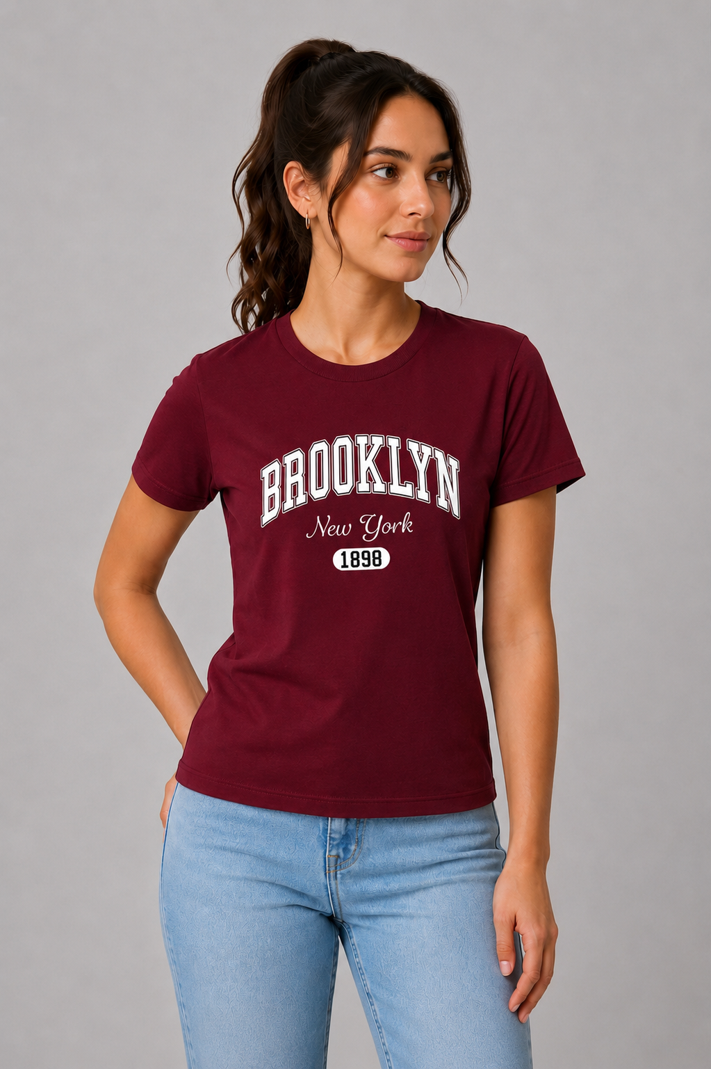Attire Hub Womens Pure Cotton Maroon Brroklyn Printed Round T-Shirt