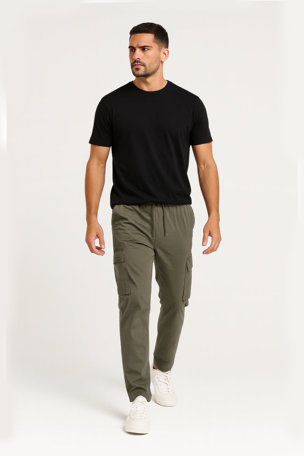 Attire Hub Mens Cotton Blend Olive Solid Cargos