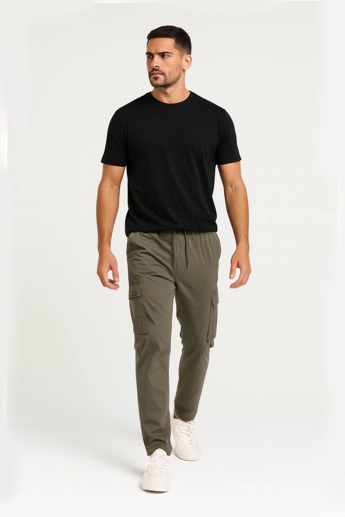 Attire Hub Mens Cotton Blend Olive Solid Cargos
