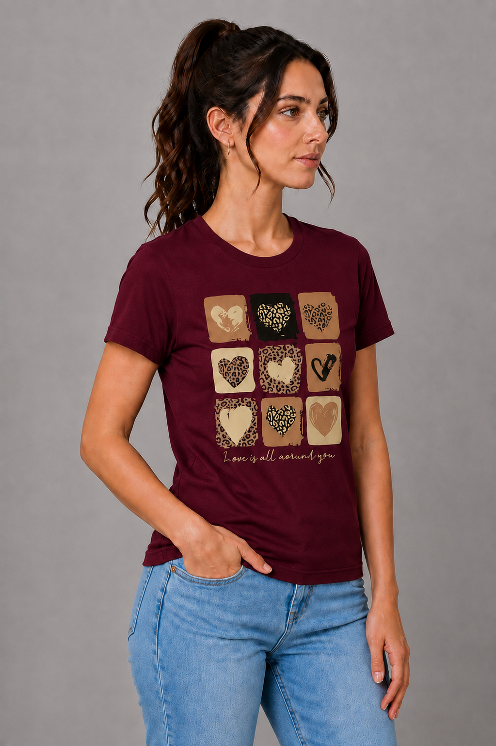 Attire Hub Womens Pure Cotton Maroon Heart Printed Round T-Shirt