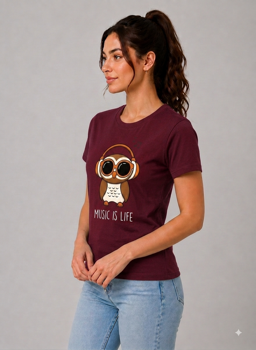 Attire Hub Womens Pure Cotton Maroon Owl Printed Round T-Shirt