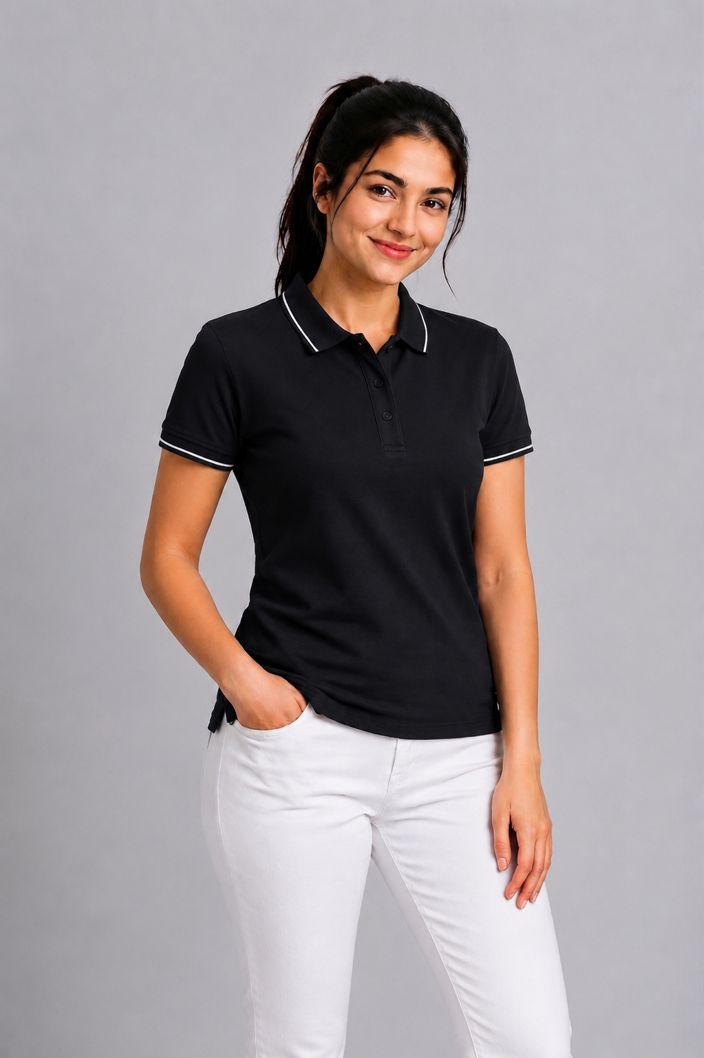 Attire Hub Womens Pure Cotton Black (White Tipping) Solid Polo T-Shirt