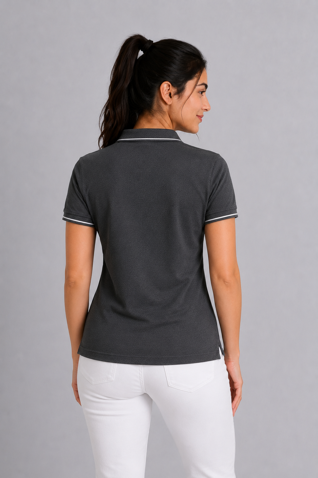Attire Hub Womens Pure Cotton Charcoal (White Tipping) Solid Polo T-Shirt