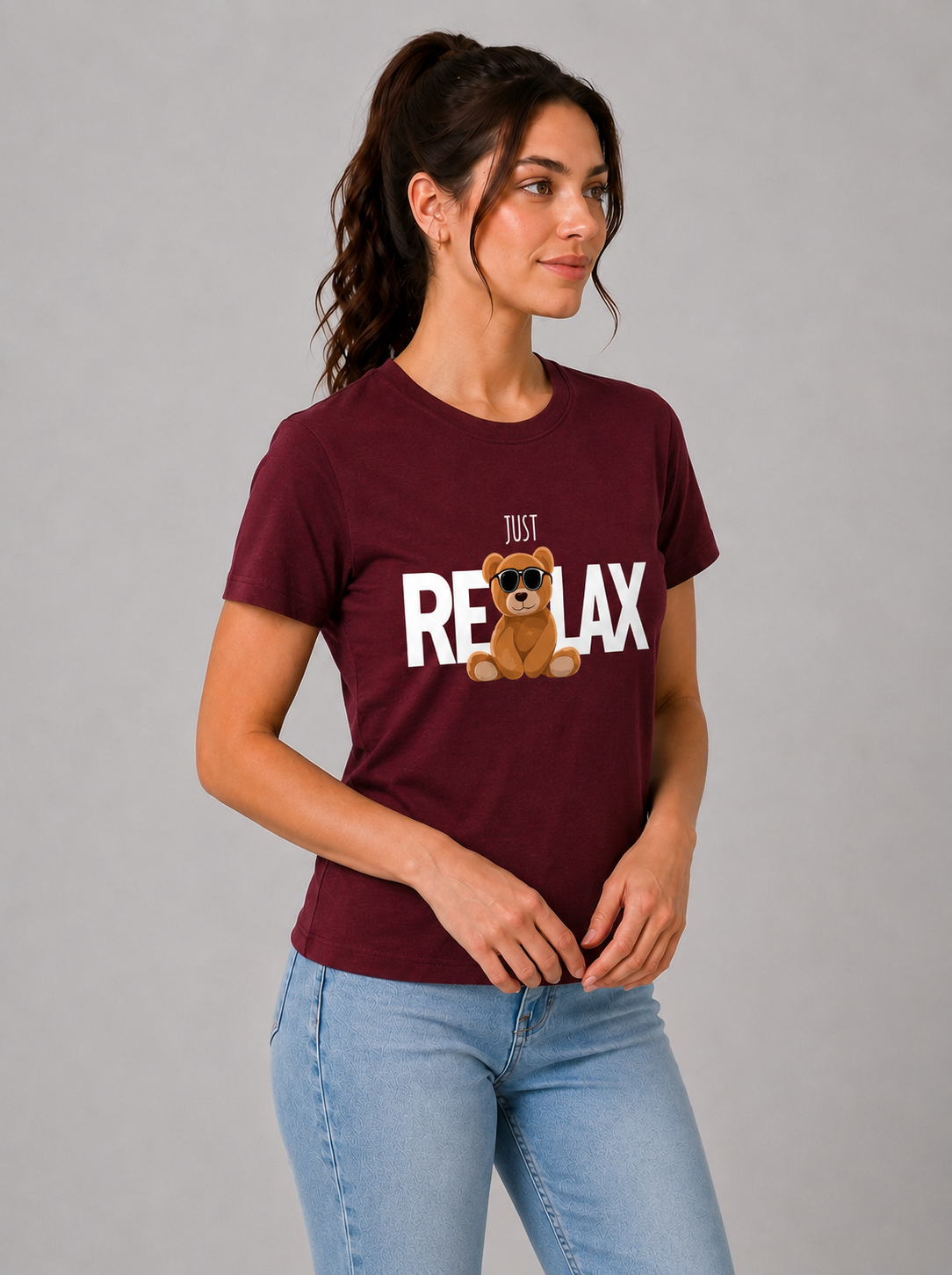 Attire Hub Womens Pure Cotton Maroon Relax Printed Round T-Shirt