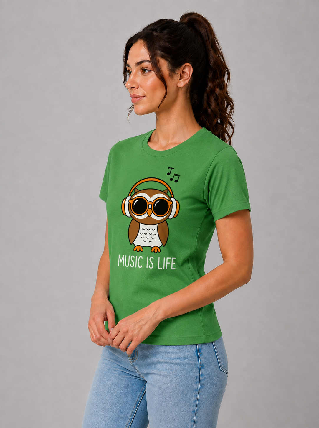 Attire Hub Womens Pure Cotton Grass Green Owl Printed Round T-Shirt