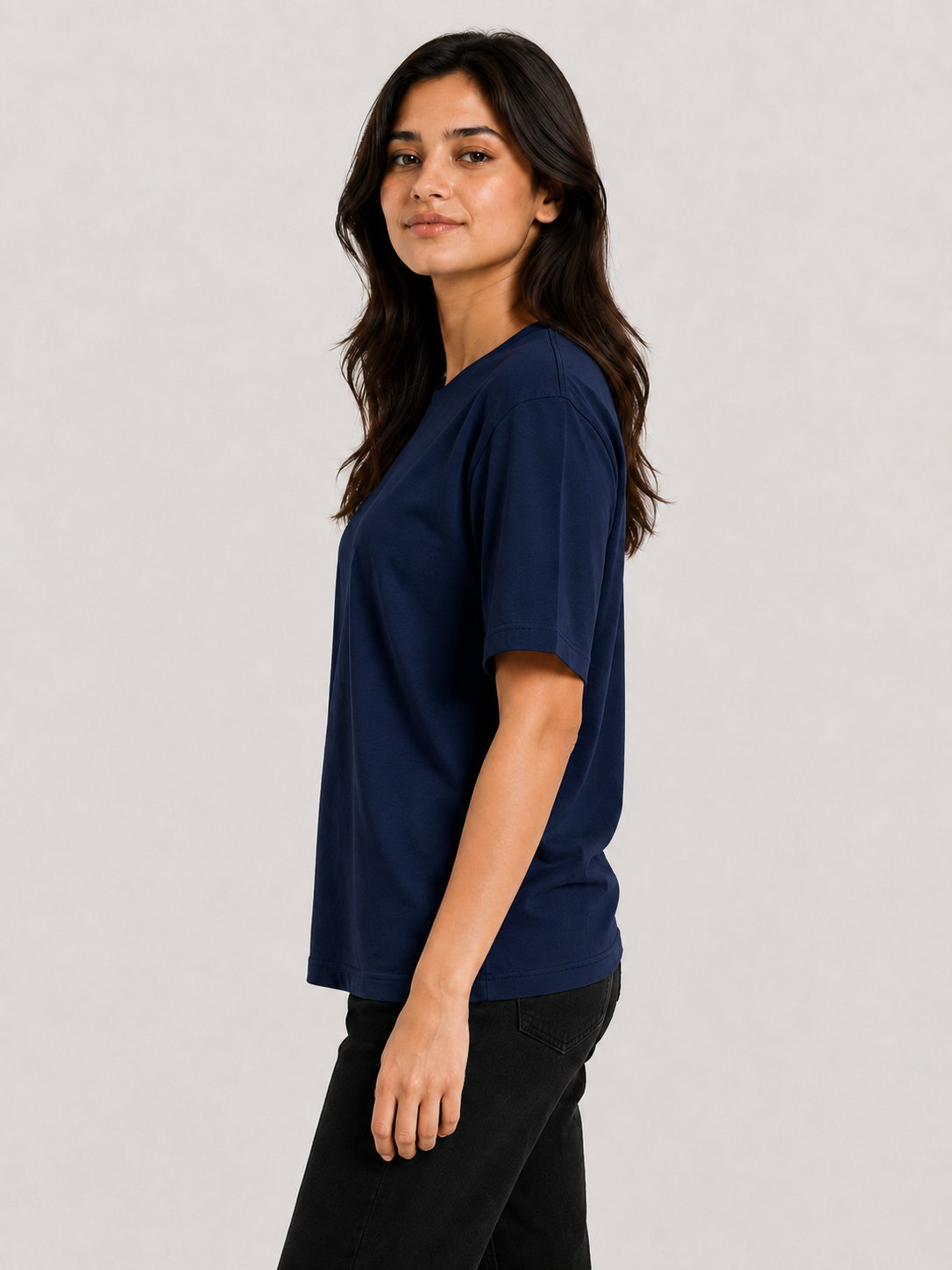 Attire Hub Womens Pure Cotton Mid Night Blue Solid Round Oversized T-Shirt