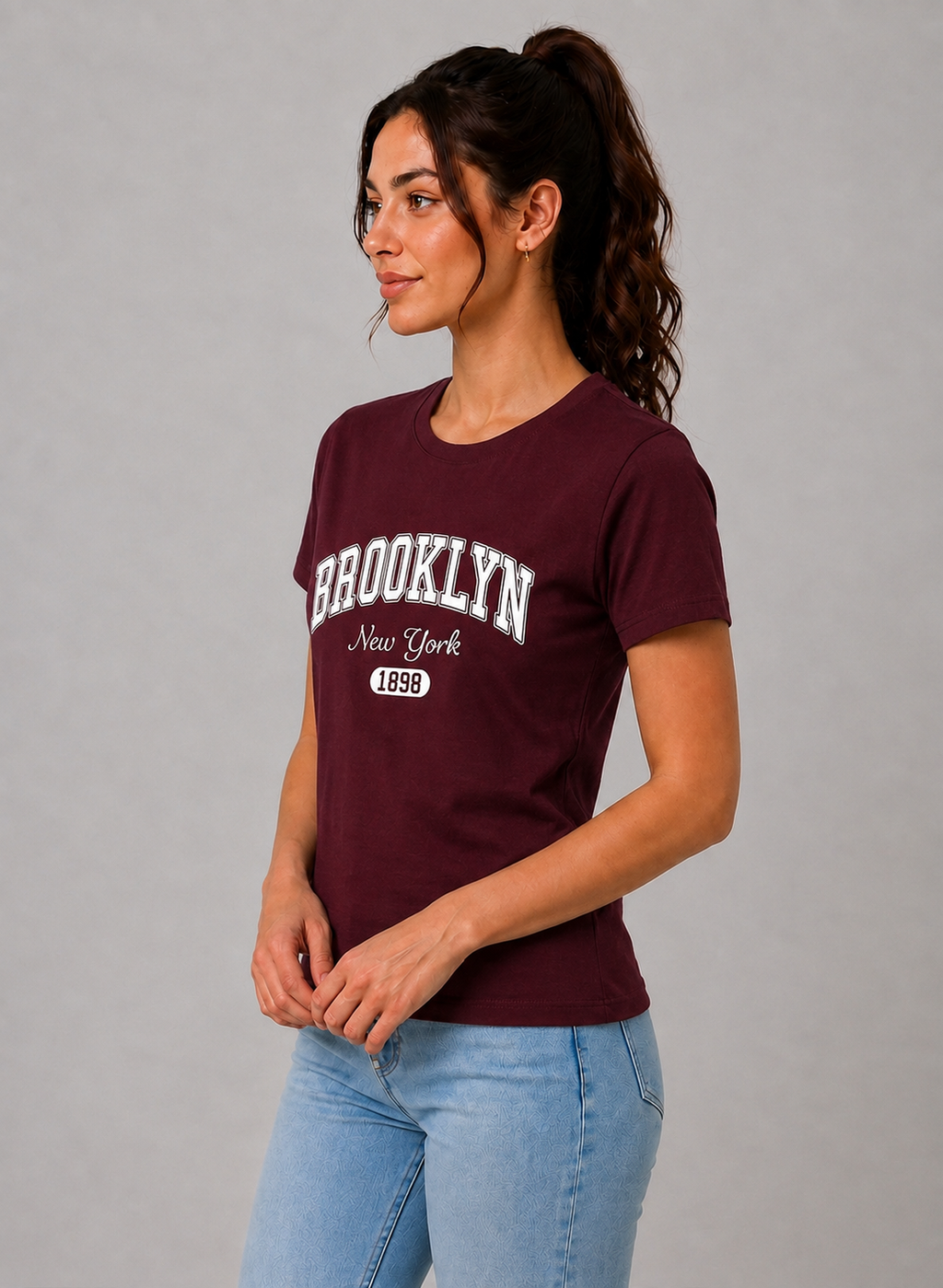 Attire Hub Womens Pure Cotton Maroon Brroklyn Printed Round T-Shirt