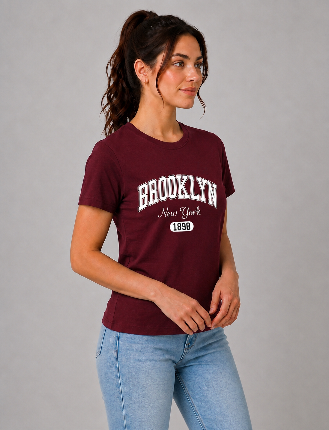Attire Hub Womens Pure Cotton Maroon Brroklyn Printed Round T-Shirt