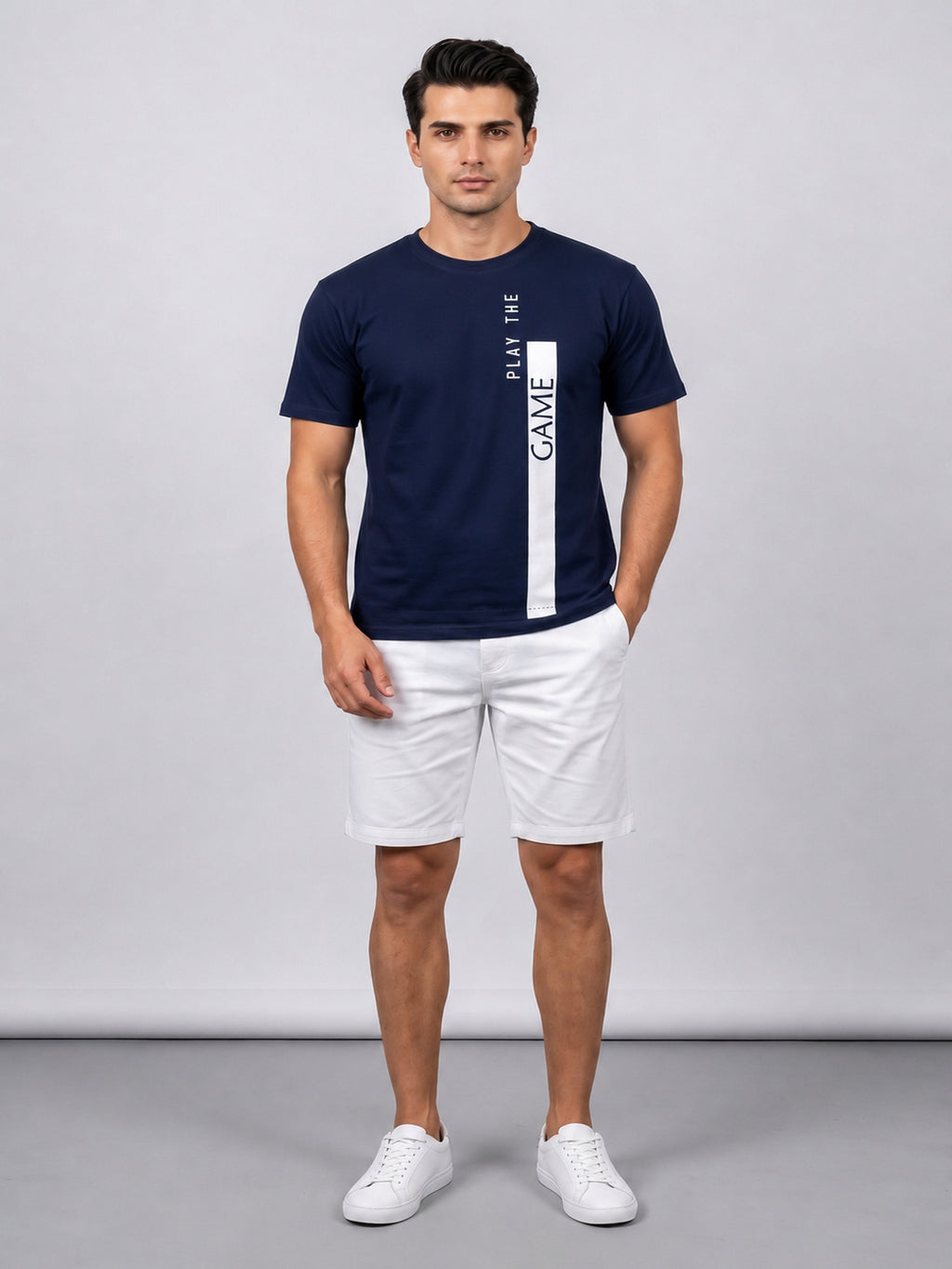 Attire Hub Mens Pure Cotton Navy Play The Game Printed Round T-Shirt