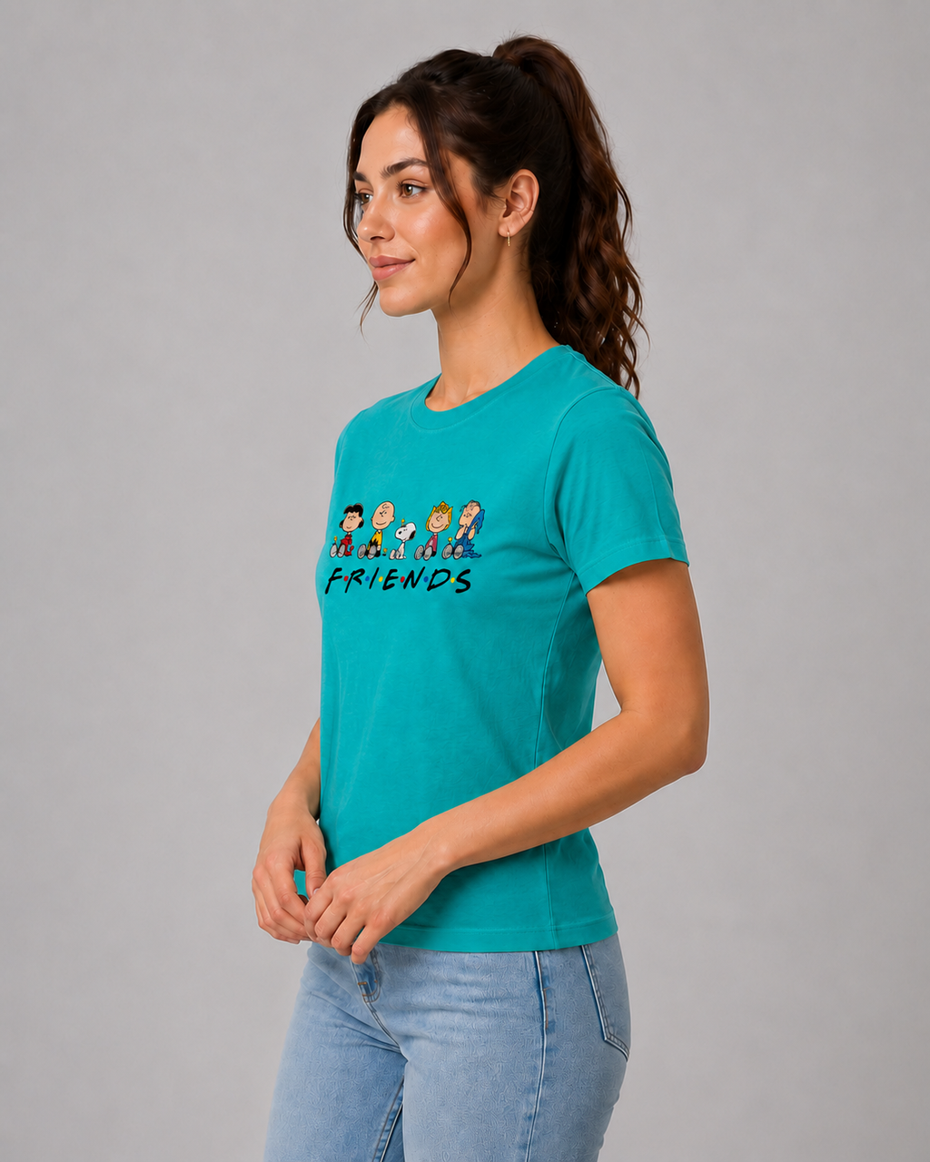 Attire Hub Womens Pure Cotton Teal Friends Printed Round T-Shirt