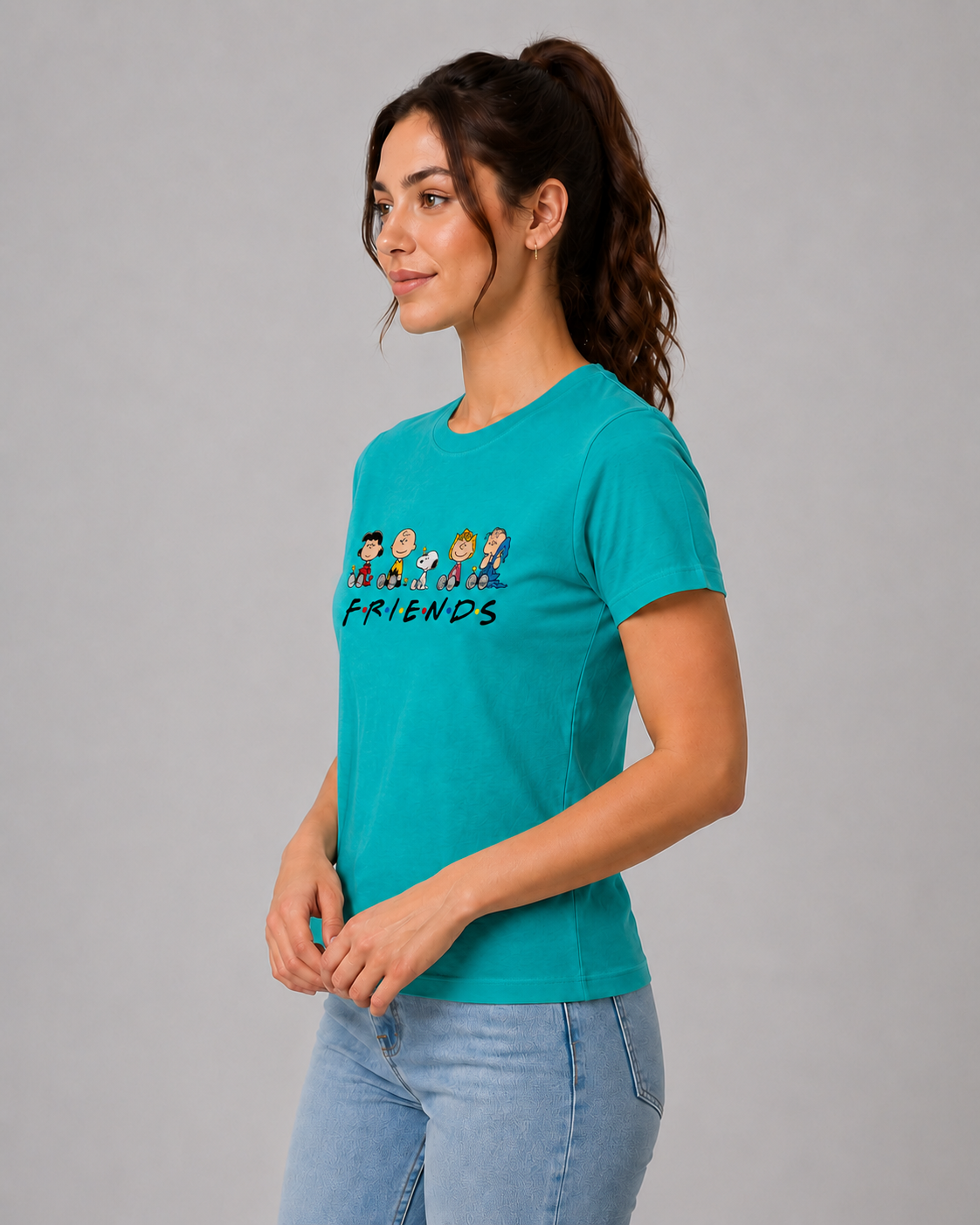 Attire Hub Womens Pure Cotton Teal Friends Printed Round T-Shirt