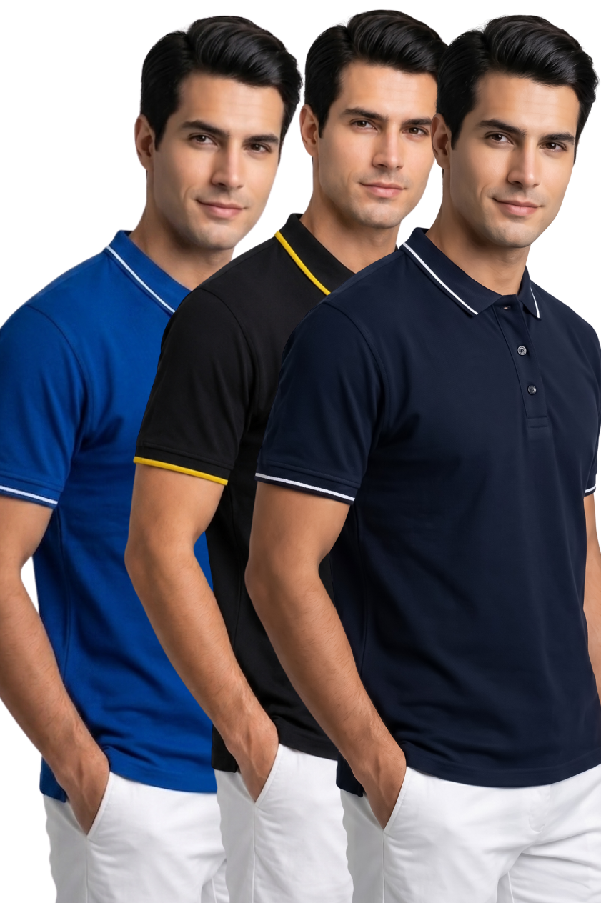 Attire Hub Mens Pure Cotton Multi Pack Polo Polo T-Shirt (Pack of 3)