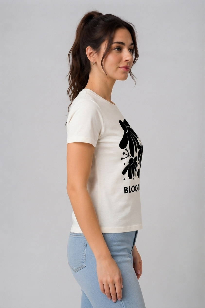 Attire Hub Womens Pure Cotton White Bloom and Shine Printed Round T-Shirt