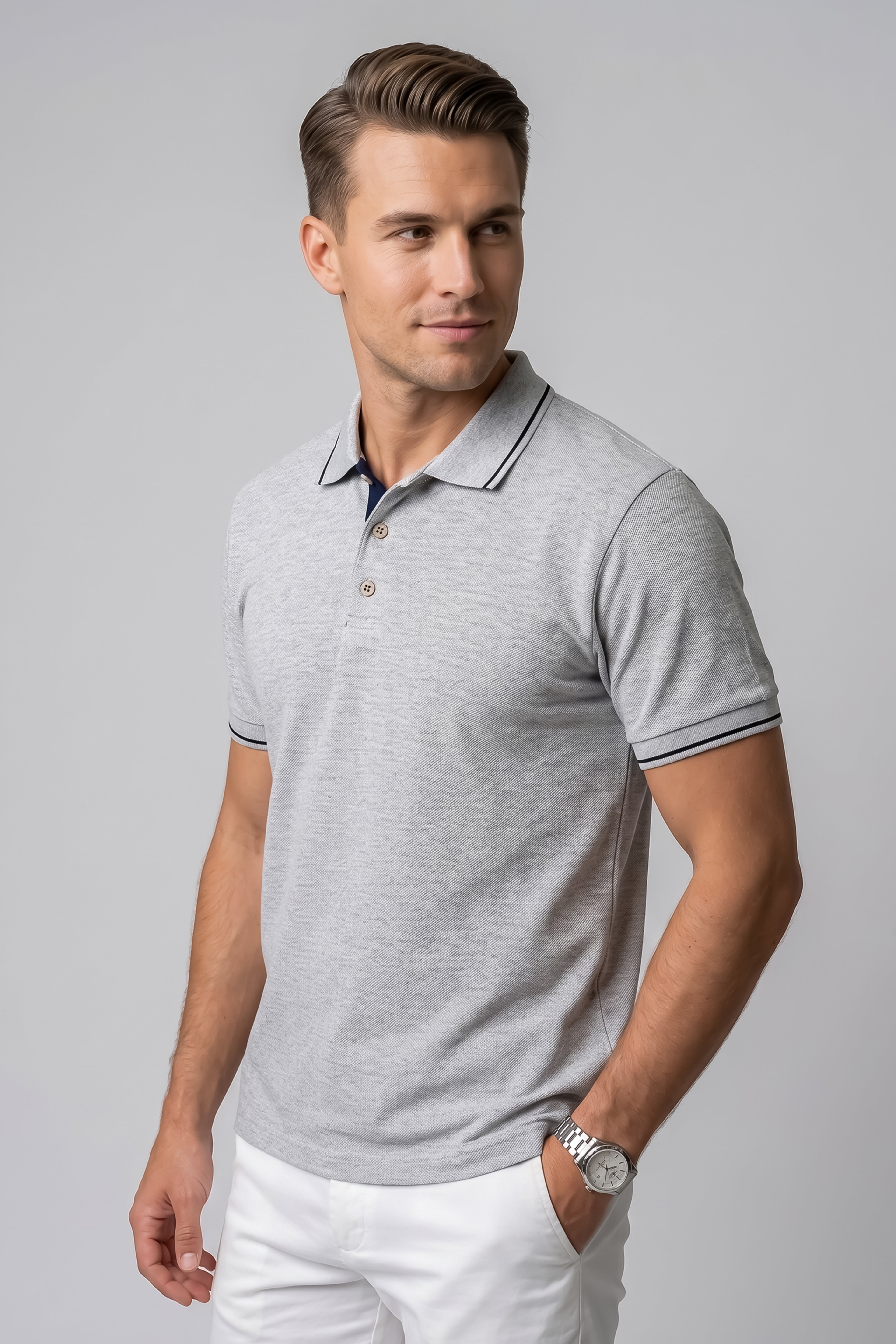 Attire Hub Mens Pure Cotton Grey (Black Tipping) Solid Polo T-Shirt