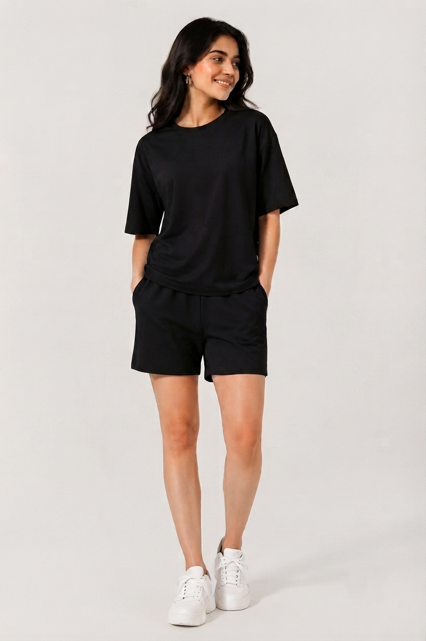 Attire Hub Womens Pure Cotton Black Solid Co-ords Set