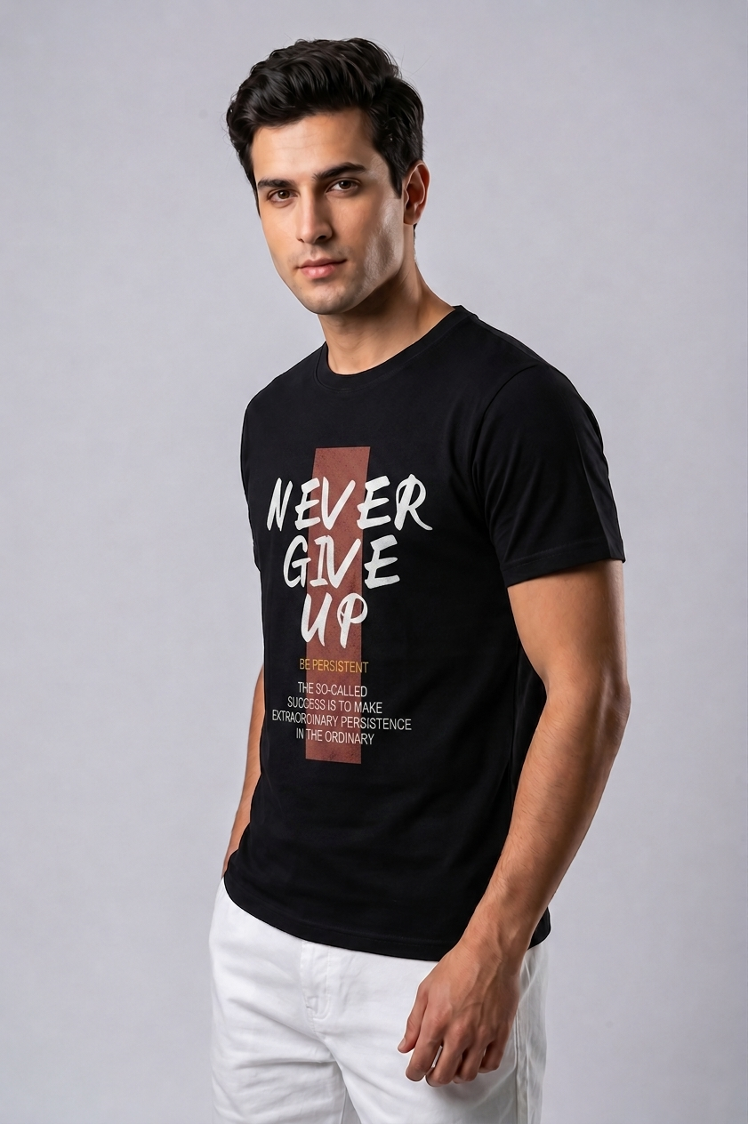 Attire Hub Mens Pure Cotton Black Neva Give Up Printed Round T-Shirt