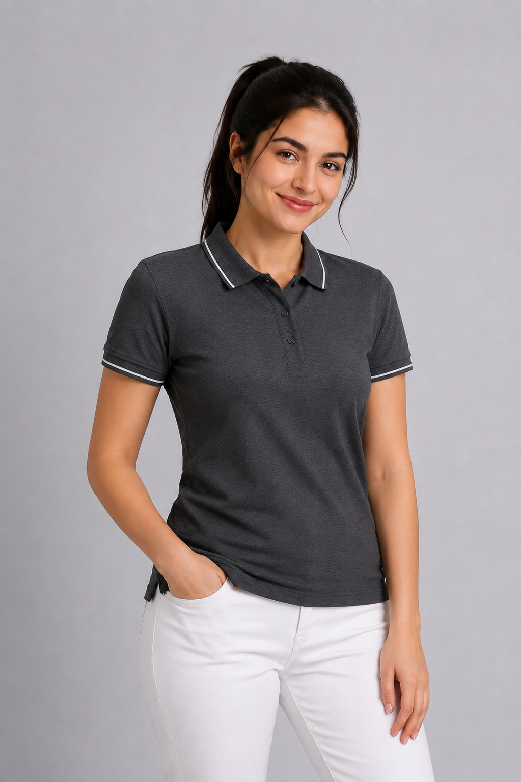 Attire Hub Womens Pure Cotton Charcoal (White Tipping) Solid Polo T-Shirt