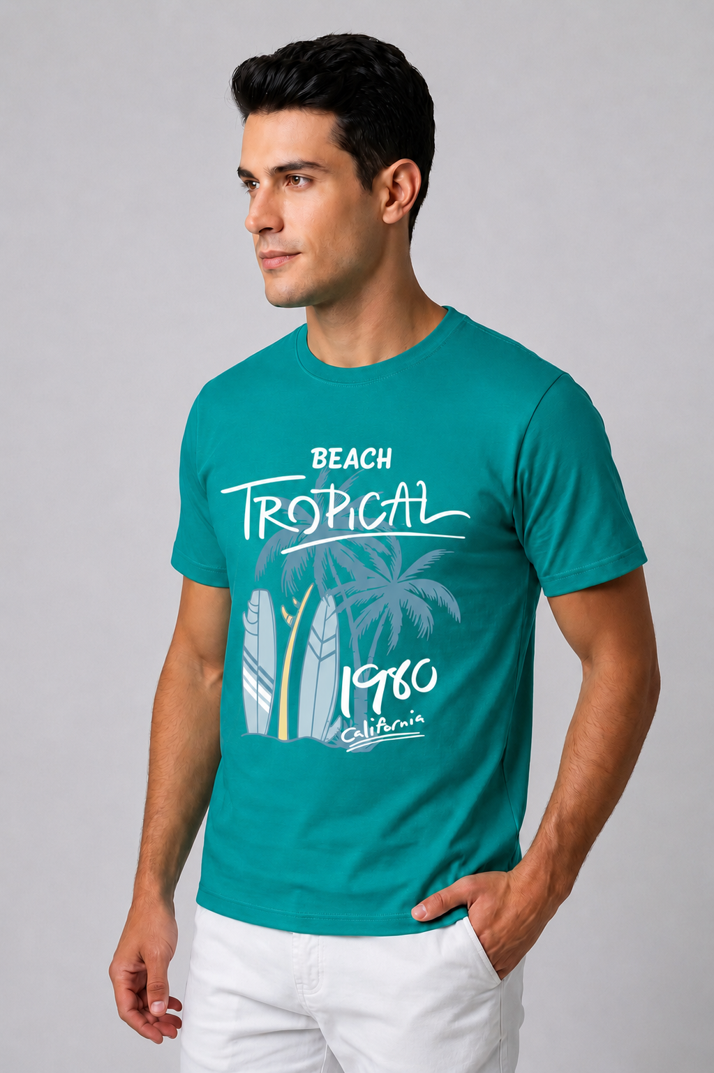 Attire Hub Mens Pure Cotton Teal Beach Tropical Printed Round T-Shirt