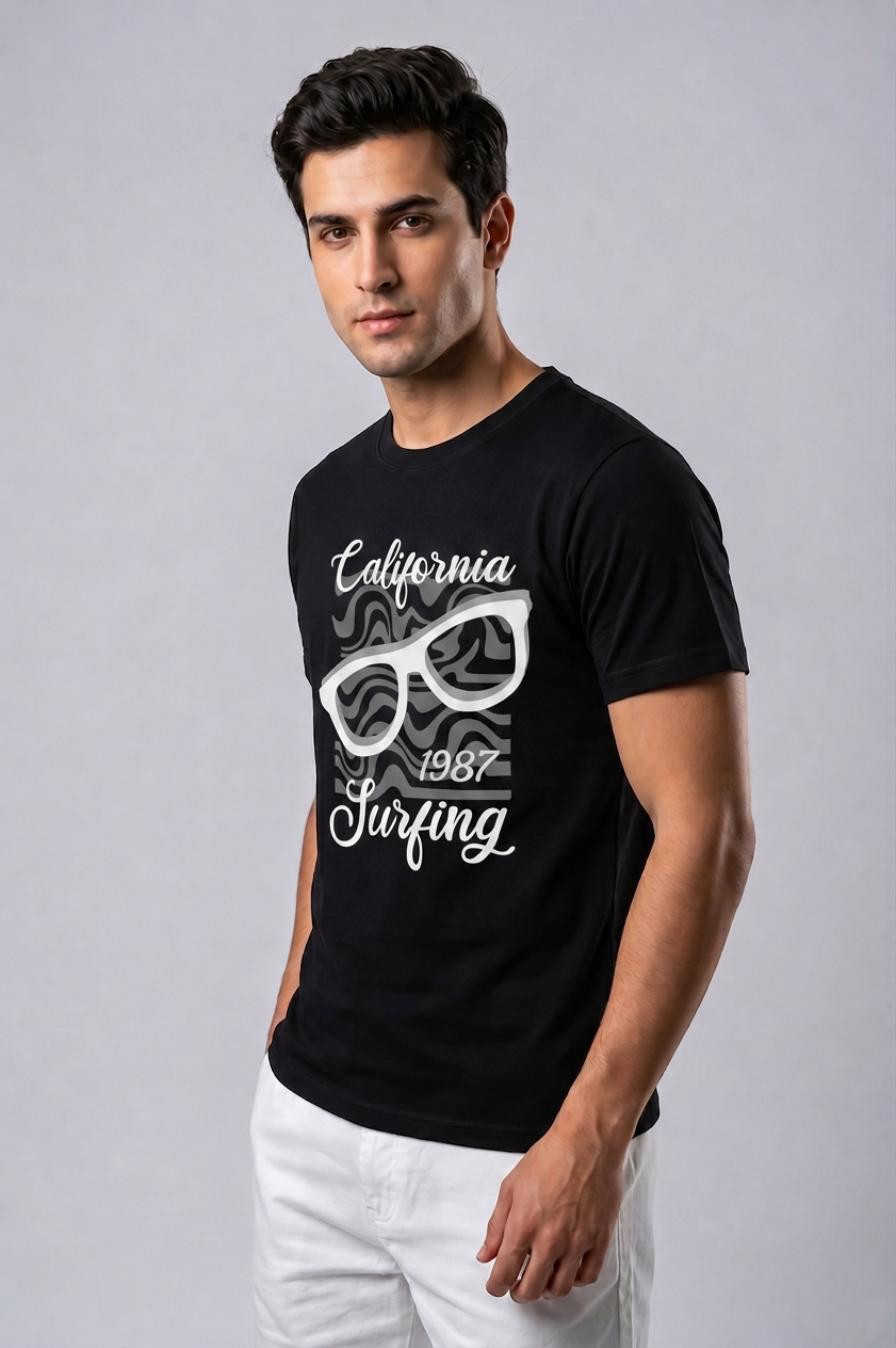 Attire Hub Mens Pure Cotton Black California 1987 Printed Round T-Shirt